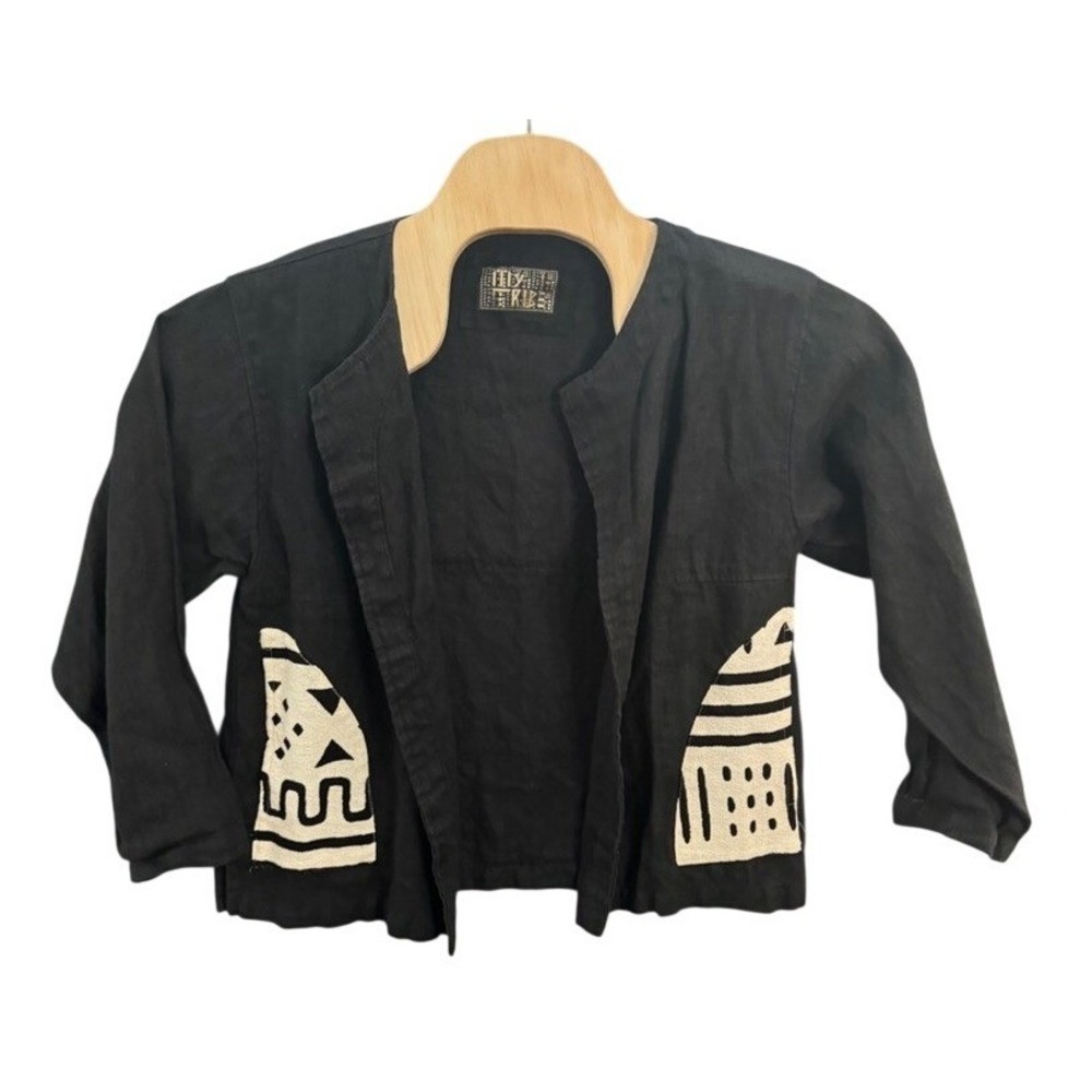 My Tribe Joy Burton Black 100% Linen Graphic Print Open Front Jacket Mens Medium